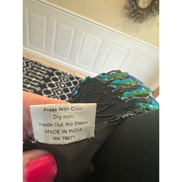 Vintage Sequin Peacock Feather Top Black Silk Blouse By Tenay Heavily Beaded - Picture 8 of 12